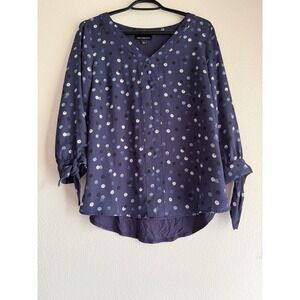 Fortune + Ivy Top Womens Medium Blue Polka Dot 3/4 Sleeve Blouse Boho Shirt